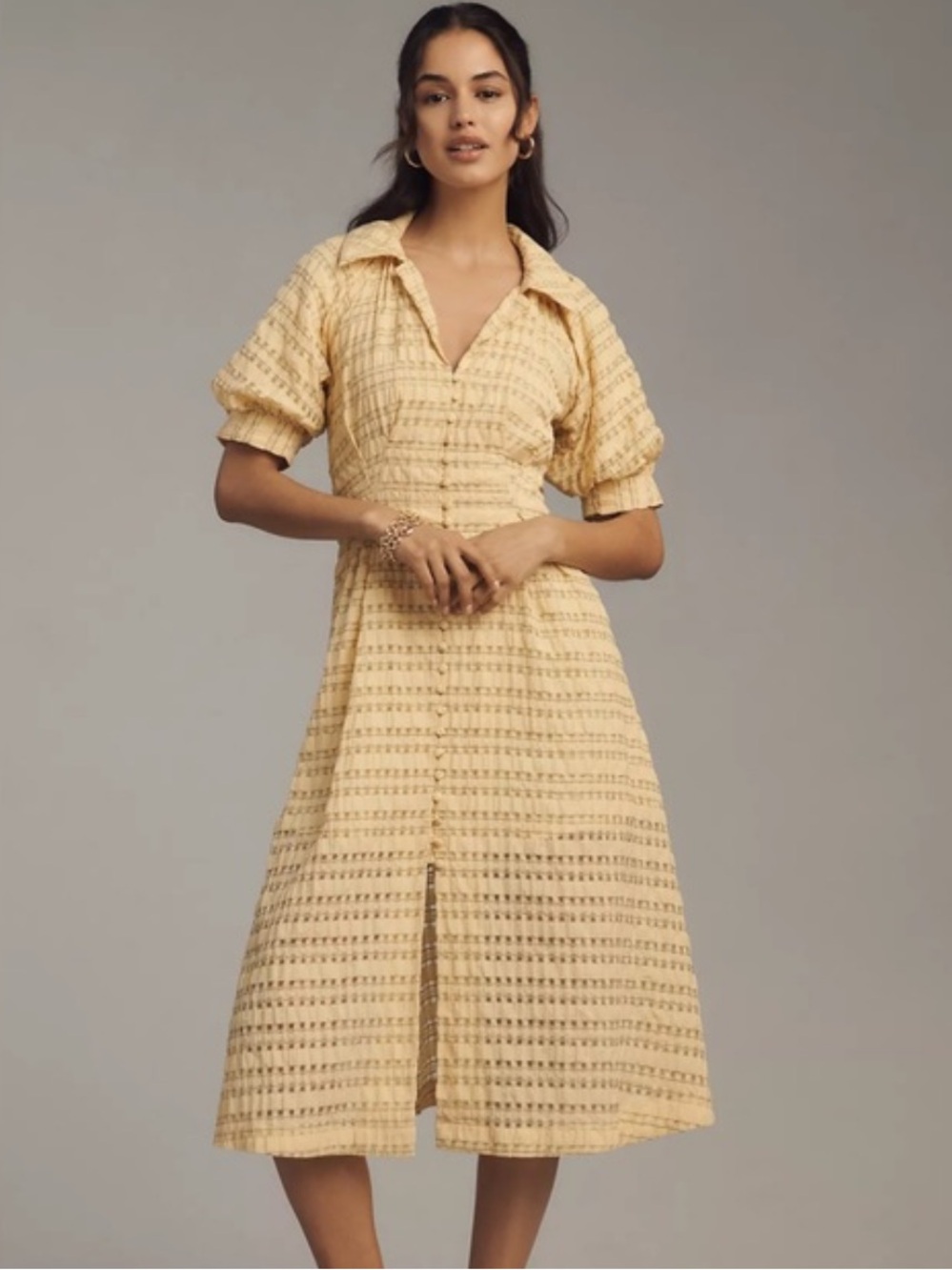 Anthropologie English Factory Yellow Seersucker Midi Shirt Dress NWT